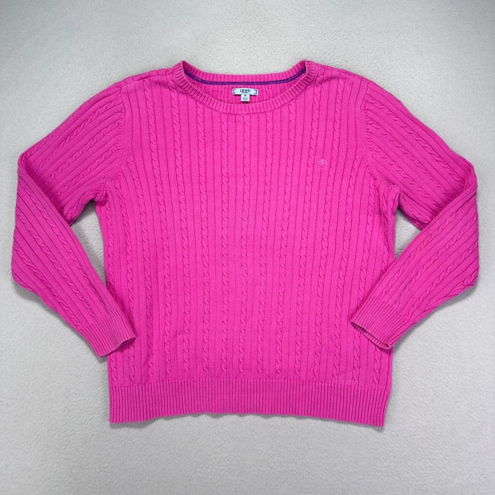 Vintage IZOD Sweater Womens 1X Pink Crewneck Cableknit Long Sleeve Cotton Preppy
